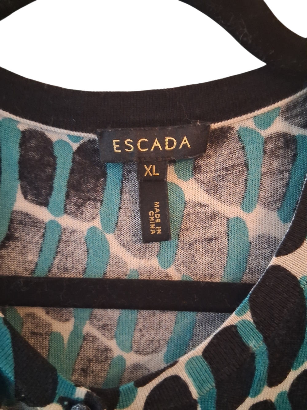 Escada Green and Black Geometric Button-Front Top Wool Silk Blend - Picture 4 of 7
